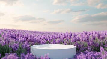 AI generated Background scene with empty wooden podium platform and purple blooms of lavender field. Beauty product display. Organic Natural concept. Mock up, Spa. photo