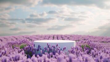 AI generated Background scene with empty wooden podium platform and purple blooms of lavender field. Beauty product display. Organic Natural concept. Mock up, Spa. photo