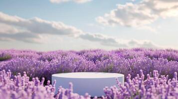 AI generated Empty product display podium with lavender Field on background. 3D stage showcase, beauty skincare cosmetics concept presentation. photo