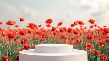 AI generated Background scene with empty white podium platform and red poppies. Beauty product display. Organic Natural concept. Mock up, Spa. photo