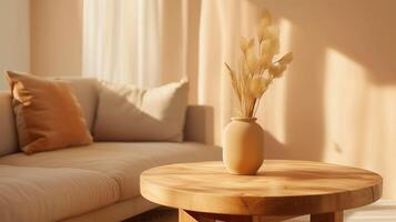 AI generated Living room with wooden coffee table with a vase of dried flowers and cozy sofa. Decorative cushions. Minimal interior in beige colors, soft sunlight and shadows. photo