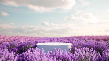 AI generated Background scene with empty wooden podium platform and purple blooms of lavender field. Beauty product display. Organic Natural concept. Mock up, Spa. photo