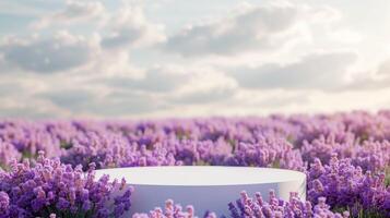 AI generated Blank product display podium with purple blooms of lavender field on background. Beauty skincare cosmetics presentation. Organic natural concept. photo