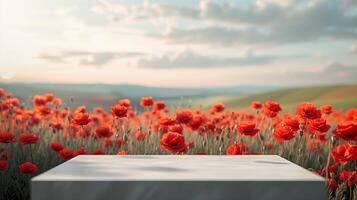 AI generated Empty product display, white podium with field of blooming red poppies on background. 3D stage showcase, beauty skincare cosmetics concept presentation. photo