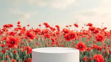 AI generated Background scene with empty white podium platform and red poppies. Beauty product display. Organic Natural concept. Mock up, Spa. photo