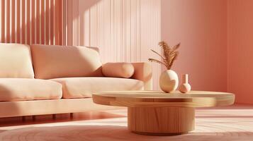 AI generated Living room with wooden coffee table with a vase of dried flowers and cozy sofa. Decorative cushions. Interior in peach colors, soft sunlight and shadows. photo