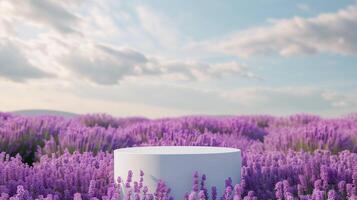 AI generated Empty product display podium with lavender Field on background. 3D stage showcase, beauty skincare cosmetics concept presentation. photo