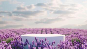 AI generated Background scene with empty wooden podium platform and purple blooms of lavender field. Beauty product display. Organic Natural concept. Mock up, Spa. photo
