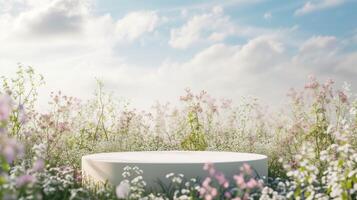 AI generated Background scene with empty wooden podium platform and blurred spring flowers field. Beauty product display. Organic Natural concept. Mock up, Spa. photo