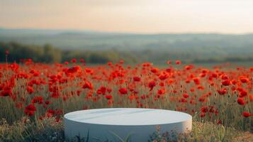 AI generated Blank product display podium with blooming red poppies field on background. Beauty skincare cosmetics presentation. Organic natural concept. photo