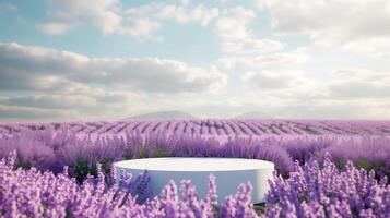 AI generated Empty product display podium with lavender Field on background. 3D stage showcase, beauty skincare cosmetics concept presentation. photo