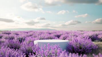 AI generated Empty product display podium with lavender Field on background. 3D stage showcase, beauty skincare cosmetics concept presentation. photo