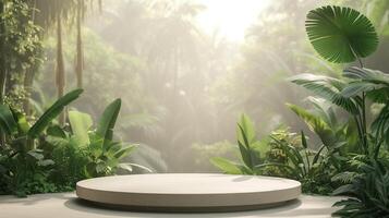 AI generated Empty cylinder product podium. Tropical forest background with sunlight and light natural colors. Beauty skincare, technology products display, presentation photo