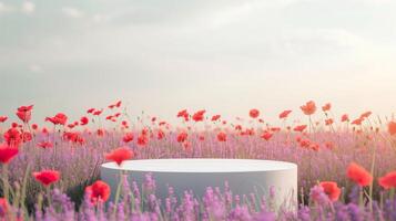 AI generated Empty product display, white podium with field of blooming red poppies on background. 3D stage showcase, beauty skincare cosmetics concept presentation. photo