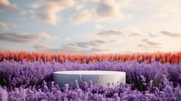 AI generated Blank product display podium with purple blooms of lavender field on background. Beauty skincare cosmetics presentation. Organic natural concept. photo