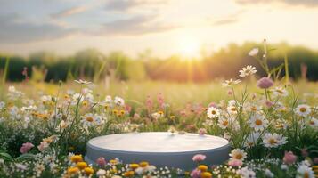 AI generated Blank product display podium with summer flowers field meadow on background. Beauty skincare cosmetics presentation. Organic natural concept. photo