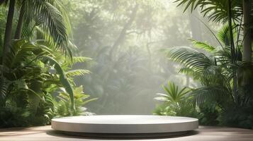 AI generated Empty cylinder product podium. Tropical forest background with sunlight and light natural colors. Beauty skincare, technology products display, presentation photo