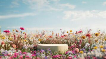 AI generated Background scene with empty wooden podium platform and blurred summer flowers field. Beauty product display. Organic Natural concept. Mock up, Spa. photo