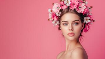 AI generated Beautiful fashion portrait of young woman with wreath of spring flowers in hairstyle over pink background. For aroma, cosmetics, skincare treatment promotion photo