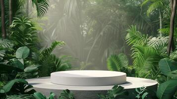 AI generated Empty cylinder product podium. Tropical forest background with sunlight, shadows and light natural colors. Beauty skincare, technology products display, presentation photo