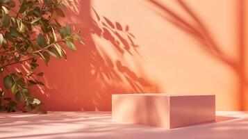 AI generated Empty apricot color product podium. Clean interior scene background with sunlight and foliage shadow. Beauty skincare, technology products display. Pedestal stage. photo