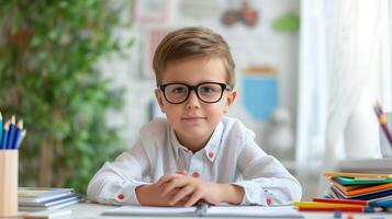 ai generado linda pequeño colegio chico en anteojos, chico niño sentado a un escritorio en un blanco interior foto