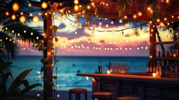 AI generated Blurred beach bar background at sunset. Bar top and chairs, palm trees, warm string lights, with ocean waves and a colorful sky. photo