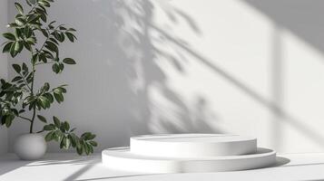 ai generado vacío blanco producto podio y verde planta en maceta. limpiar blanco interior escena antecedentes con luz de sol y follaje sombra. belleza protección de la piel, tecnología productos mostrar. pedestal escenario. foto