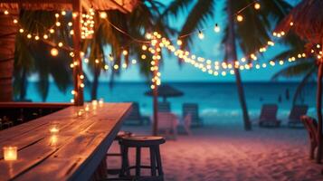 ai generado sereno playa bar a oscuridad. tejado de paja techo, de madera taburetes, palma árboles, cuerda luces y guirnaldas borroso antecedentes. foto