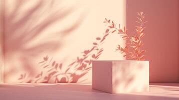 AI generated Empty apricot color product podium. Clean interior scene background with sunlight and foliage shadow. Beauty skincare, technology products display. Pedestal stage. photo