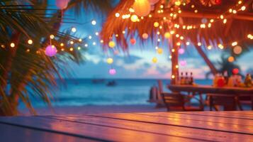 AI generated Blurred beach bar background at sunset. Bar top and chairs, palm trees, warm string lights, with ocean waves and a colorful sky. photo