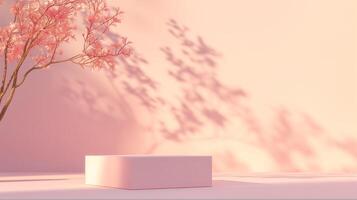 AI generated Blank light pink color product podium. Clean interior scene background with sunlight and foliage shadow. Beauty skincare, technology products display. Pedestal stage. photo