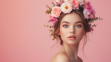 AI generated Beautiful fashion portrait of young woman with wreath of spring flowers in hairstyle over pink background. For aroma, cosmetics, skincare treatment promotion photo