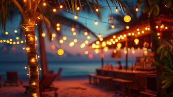 AI generated Blurred beach bar top background at sunset. Chairs, palm trees, warm string lights, with ocean waves and a colorful sky. photo