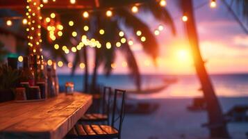 ai generado sereno playa bar a oscuridad. tejado de paja techo, de madera taburetes, palma árboles, cuerda luces y guirnaldas borroso antecedentes. foto