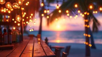 AI generated Blurred beach bar background at sunset. Bar top and chairs, palm trees, warm string lights, with ocean waves and a colorful sky. photo