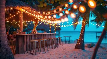 AI generated Serene beach bar at dusk. Thatched roof, wooden stools, palm trees, string lights and garlands. Blurred background. photo
