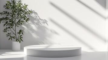 AI generated Empty white product podium and green plant in pot. Clean white interior scene background with sunlight and foliage shadow. Beauty skincare, technology products display. Pedestal stage. photo