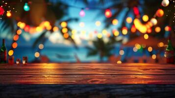 AI generated Blurred beach bar top background at sunset. Chairs, palm trees, warm string lights, with ocean waves and a colorful sky. photo