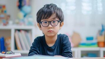 AI generated Cute little asian school boy in blue frame glasses, boy child sitting at a desk in a white interior photo