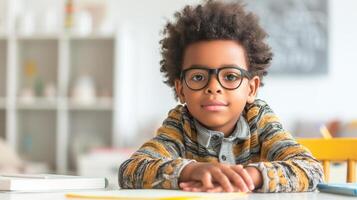 AI generated Cute little school boy in black frame glasses, boy child sitting at a desk in a white interior photo