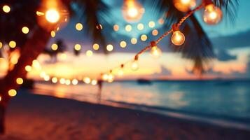 AI generated Blurred beach scene background with warm string lights and garlands. Beach bar at evening. Tranquil waves and a colorful sky. photo