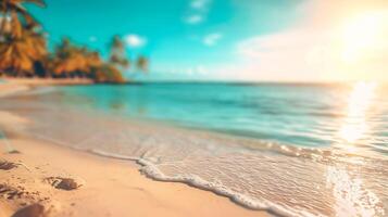 AI generated Blurred beach scene background. Golden sand, turquoise water, and a soft clouds sky, framed by the silhouetted fronds of an overhanging palm tree. photo