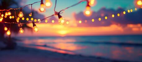 AI generated Blurred beach scene background with warm string lights and garlands. Beach bar at evening. Tranquil waves and a colorful sky. photo