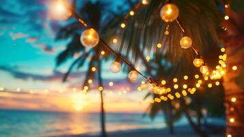 AI generated Blurred beach scene background with warm string lights and garlands. Palm trees, tranquil waves and a colorful sky. Beach bar at evening. photo