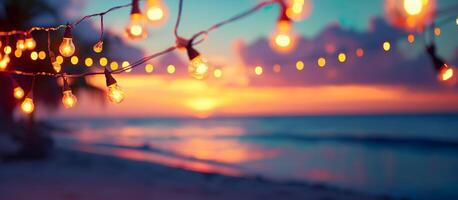 AI generated Blurred beach scene background with warm string lights and garlands. Beach bar at evening. Tranquil waves and a colorful sky. photo
