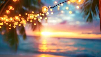 AI generated Blurred tropical beach scene. Bokeh lights background with warm string lights and garlands. Palm trees, tranquil waves and a colorful sky. Beach bar at evening. photo