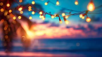 AI generated Blurred beach scene background with warm string lights and garlands. Beach bar at evening. Tranquil waves and a colorful sky. photo