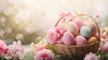 AI generated Beautiful pastel color Easter eggs and flowers in a basket with copy space. Colorful spring theme background. photo