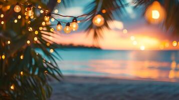 AI generated Blurred beach scene background with warm string lights and garlands. Palm trees, tranquil waves and a colorful sky. Beach bar at evening. photo